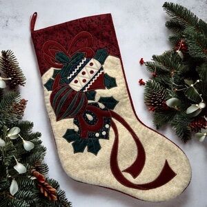 Christmas Stockings 17” Ornaments Holly Leaves Decorative Country Neutra…
